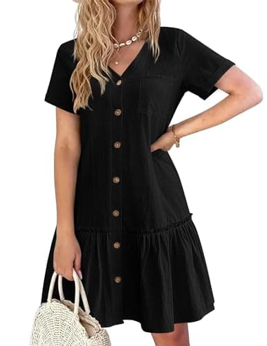 Image of HOTOUCH Linen Dresses for Women Button Down Dress Loose Summer Cotton Mini Dress Ruffle Hem Casual Short Sleeve T Shirt Dress Black S