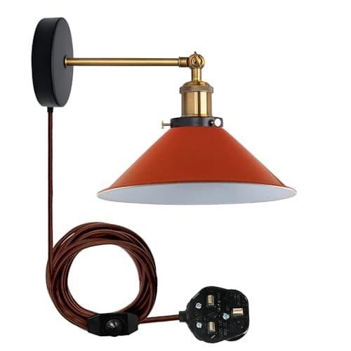 Image of LEDSone Retro Industrial Wall Light Plug in Wall Lamp Metal Cone Shape Shade Indoor Light Fitting with Dimmer Switch for Bedroom Hallway Restaurants (Orange, Without Bulb)