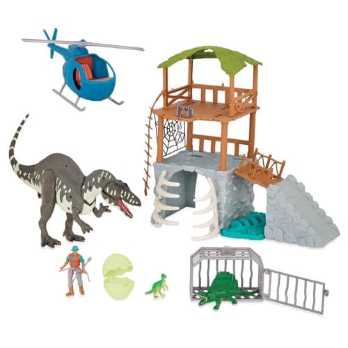 Image of Terra by Battat – 13 Pieces Jungle Expedition Big Playset – Electronic Dinosaur with Light– Up Eyes – Movable Roaring Acrocanthosaurus & Helicopter with 2 Surprise Dinosaur Toys for 3+ Years