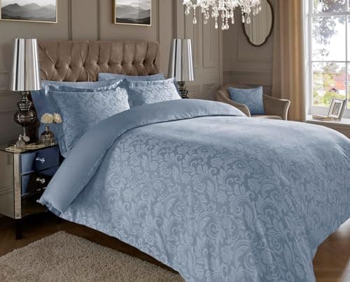 Image of ARHAUM 600 Thread Count Floral Jacquard Duvet Set with 2 Oxford pillowcases (45 x 75 CM) | Cotton Rich Soft & Comfortable Bedding Set (Blue, Double - 200x200CM)