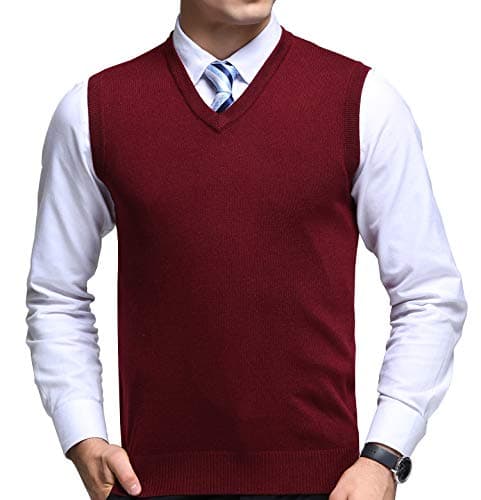 Image of FULIER Mens Winter V-Neck Sleeveless Vest Classic Business Gentleman Knitwear Knitted Waistcoat Sweater Cardigans Tank Tops (Medium, Red)