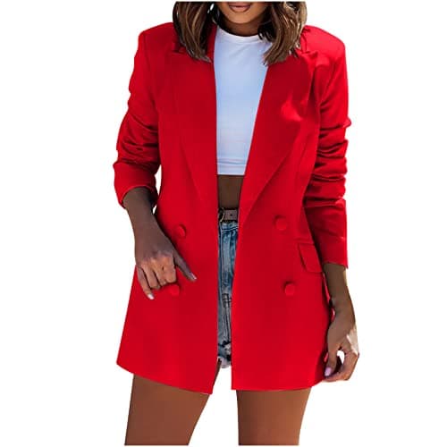 Image of WUSENTOF Blazer for Women UK Elegant Office Jackets Long Sleeve Double Breasted Suit Jacket Notch Lapel Casual Jacket Mid Length Oversized Smart Casual Classic Blazer Coats Red