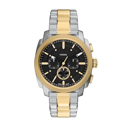Image of Fossil New Machine Watch for Men, 44mm Quartz Chronograph Movement with Stainless Steel or Leather Strap,Matte Black and Gold Tone