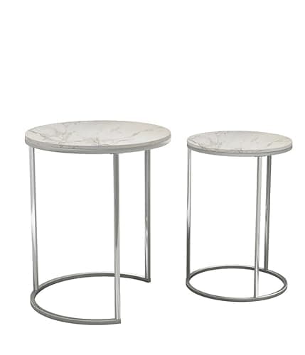 Image of URBNLIVING 2 Pcs Round Nesting Stacking Sofa Side Bedside End Tables Set White Marble Wooden Top with Chrome Metal Legs Modern Space Saving Accent Coffee Tea for Living Room Bedroom Office