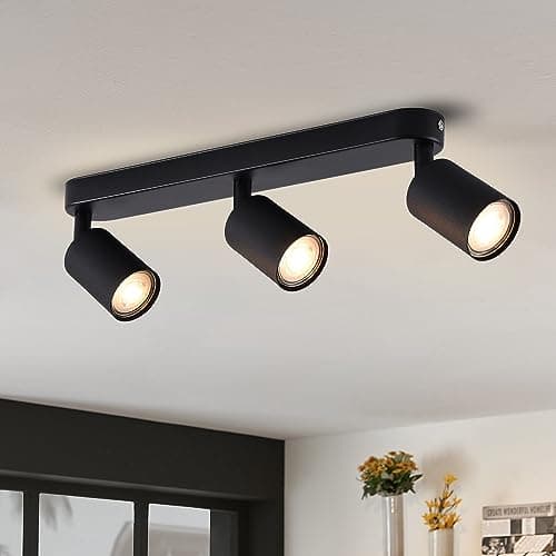 Image of ANWIO 3 Black GU10 Spotlight Ceiling Lights,Bedroom Kitchen Lights Ceiling,GU10 Industrial Hallway Ceiling Light Fitting,Spot Light Bar Indoor Adjustable Light Ceiling Spot Lamp(Bulbs Not Included)