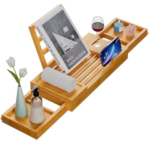 Image of Yirilan Premium Bath Tray, Expandable Bathtub Tray Caddy, Bamboo Bath Shelf with iPad & Phone Holder, New Home, Anniversary and Wedding Gifts, Bridal Shower Gift for Women