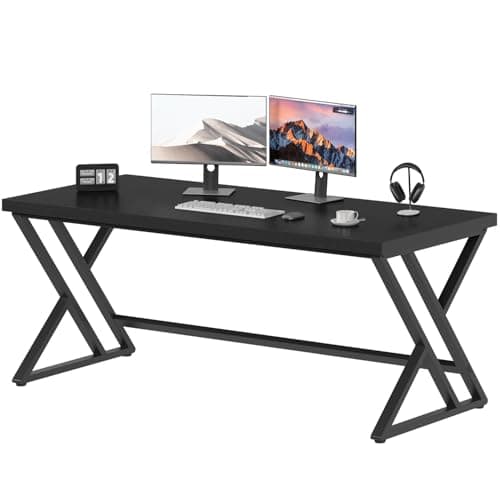 Image of LVB Modern Black Computer Desk, Long Industrial Home Office Desk for Student, Large Metal Wood Writing Study Computer Table, Farmhouse Executive Simple Gaming PC Work Desk for Bedroom, Black, 60 Inch