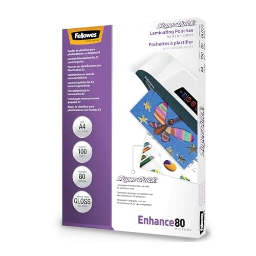 Image of Fellowes Enhance A4 80 Micron Super Quick Glossy Laminating Pouches (Pack of 100)