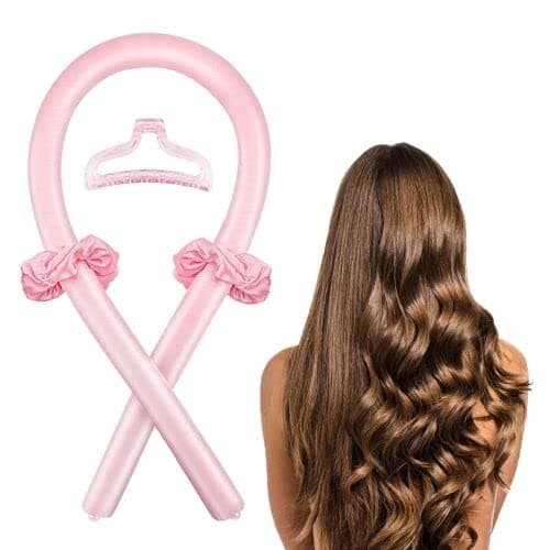 Image of zalati Hair Curler Curling Rod Silk Headband with Clip Foam Heatless Ribbon Band Soft Wave for DIY Hair Styling Kit - Pink