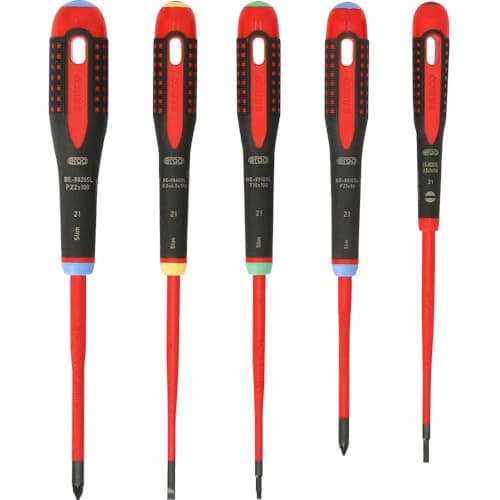 Image of Bahco BE-9872SL Ergo 5 Piece VDE Insulated Slimline SL/PZ/TX Screwdriver Set