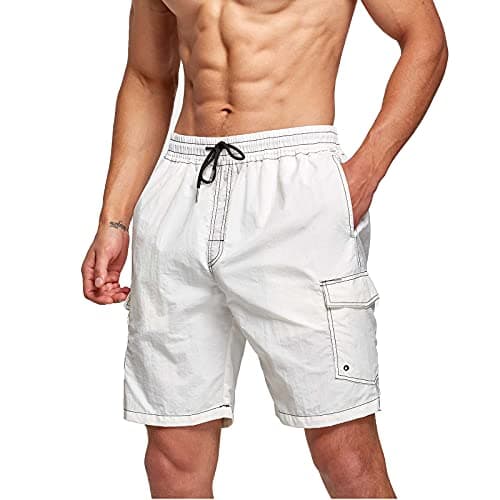 Image of JustSun Mens Swimming Shorts Quick Dry Swim Shorts Waterproof Swimming Trunks Men Board Shorts with Mesh Lining Beach Surf Casual Shorts Summer with Pockets White M