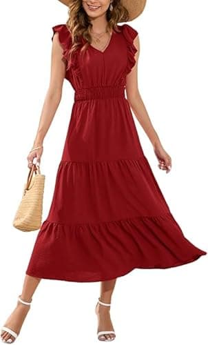 Image of MAYFASEY Casual Summer Maxi Dress Ruffle Sleeve Elastic Waist Tiered Midi Dress Wine Red V Neck A-Line Beach Holiday Flowy Long Dresses, S