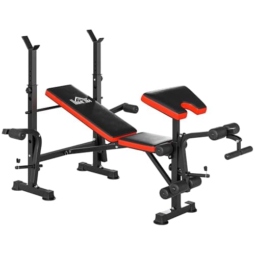 Image of HOMCOM Adjustable Weight Bench with Leg Extension, Barbell Rack, Preacher Curl Pad, Butterfly, Multi-Function Home Gym Bench for Strength Training, Red