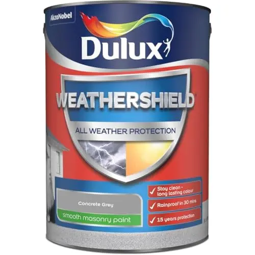 Image of DRW Concrete Grey Weathershield Smooth Masonry Paint 5L | Exterior Wall Paint | Long Lasting Weather Protection | Smooth Matt Finish for Brick Render Concrete and Stone