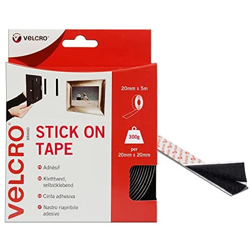 Image of VELCRO® Brand | Stick On Tape | Cut-to-Length Strong Hook & Loop Self Adhesive Sticky Tape Perfect for Room Décor & Home, Office, Garage Use | Black | 20mm x 5m