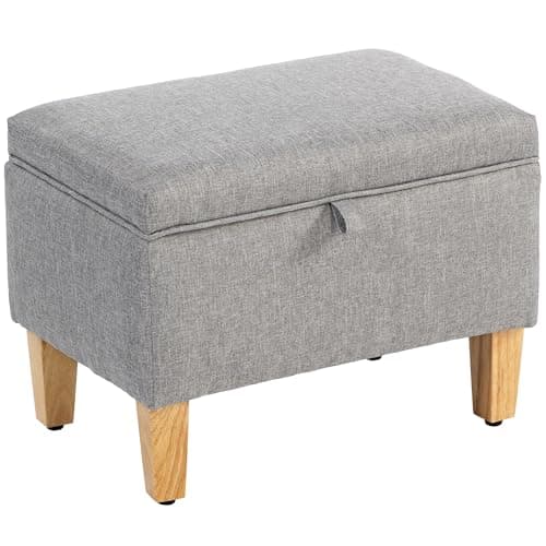 Image of HOMCOM 16L Linen Storage Ottoman Padded Footstool with Rubberwood Legs for Storage Box, Bed End, Shoe Bench, Seating, Light Grey