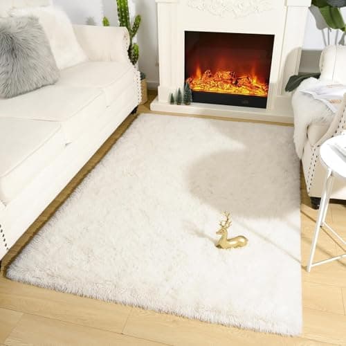 Image of Aspire Homeware Fluffy Bedroom Rug – Cream Lounge Area Rugs 80x150 cm for Living Room Large Plush Carpet Modern Soft Shaggy Pile Faux Fur Rug for Home