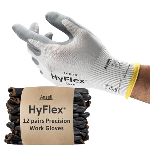 Image of Ansell HyFlex 11-800 Professional Work Gloves, Abrasion Resistant Nitrile Coating with Firm Grip, Multipurpose Protection Gloves, Mechanical and Industrial Safety, White, Size L (12 Pairs)