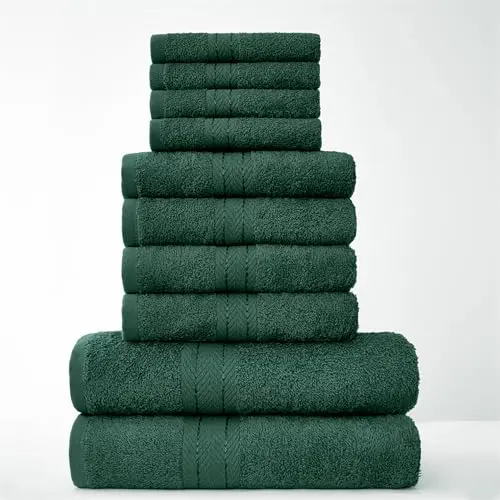 Image of GC GAVENO CAVAILIA Towels Family Bale Set - 10 Piece 100% Egyptian Cotton, 4x Face 4x Hand 2x Bath Towel, Premium Quality Highly Water Absorbent Bathroom Accessories, Machine Washable, Dark Green