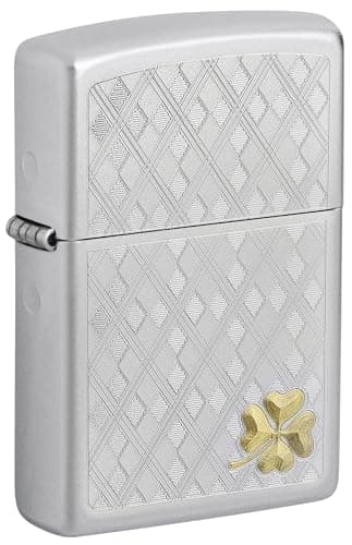 Image of Zippo - Windproof Lighter, Argyle Clover, Satin Chrome, Auto Two-Toned, Refillable, Reusable, Windproof Design, Gift Box, Made in the USA