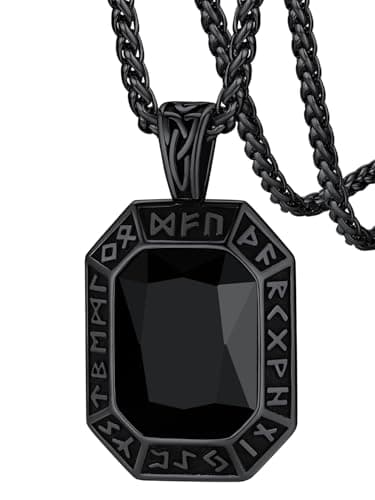 Image of FaithHeart Black Onyx Pendant Necklace, Men's Viking Jewellery Nordic Runes Dog Tag Necklaces, Norse Amulet Gifts for Father Husband