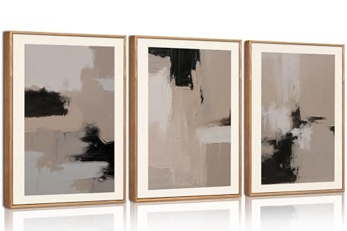 Image of HPNIUB Abstract Neutral Wall Art, Minimalist Black Tan Canvas Wall Decor, Modern Paint Stroke 16"x24" Framed Art Set of 3, Earth Tone Shapes Prints for Living Room, Bedroom, Office 30X40CM