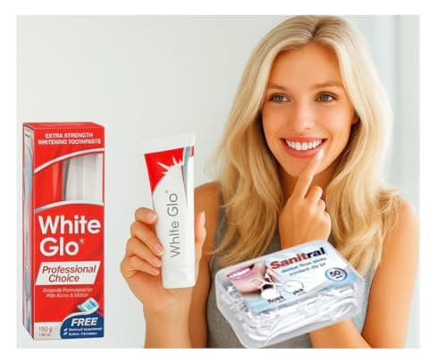 Image of White Glo Professional Choice Extra Strength Whitening Toothpaste 100 ml & Toothbrush (with Sanitral 50 Pcs Dental Floss Stick Included as a Gift)