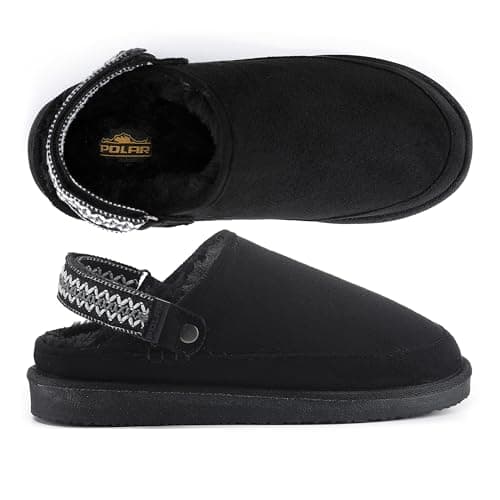 Image of Polar Women's Suede Comfort Faux Fur Slippers – Breathable Slip-On with Adjustable Strap & Lightweight Durable Sole – Casual Everyday Footwear for Home, Travel & Walking – Black Aztec 6