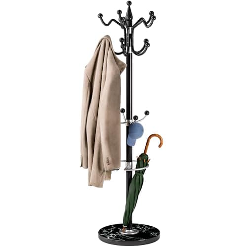 Image of CASARIA® Elegant Curved Coat Rack Hat Stand with Black Marble Base Coat Stand and 14x Rotatable Coat Hangers | Sturdy & Stylish Clothes Rack for Hallways & Offices Furniture | Black | 175cm Tall