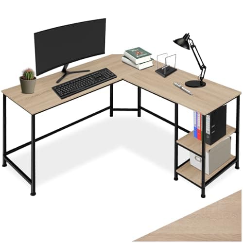 Image of tectake® L-Shaped Corner Desk in Industrial Design, Space-Saving Computer Desk with Stable Steel Frame, Durable MDF Wood & 2 Storage Shelves, Ideal as Bedroom, Study & Office Desk - Light Brown
