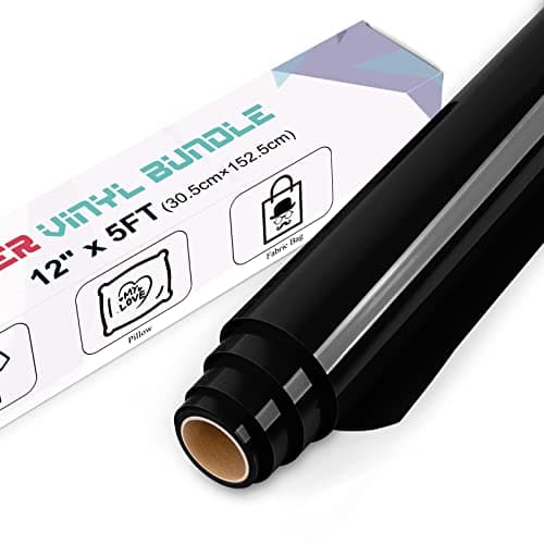 Image of IModeur Black Heat Transfer Vinyl — 30.5 x 152.5 cm(12'' x 5 Ft) Iron on Vinyl for Fabric, PET Backing Black Vinyl for T-Shirts, Clothes, Hats, Bags and Other Textiles, HTV Vinyl Roll Easy to Weed