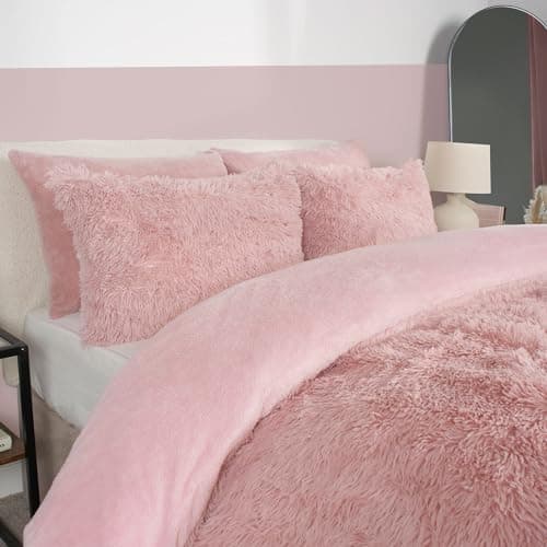 Image of OHS Pink Single Bedding Covers Shaggy, Fluffy Teddy Fleece Duvet Reverse Thermal Bedding Single Duvet Cover with Pillowcase Fleece Warm Cosy Comfy