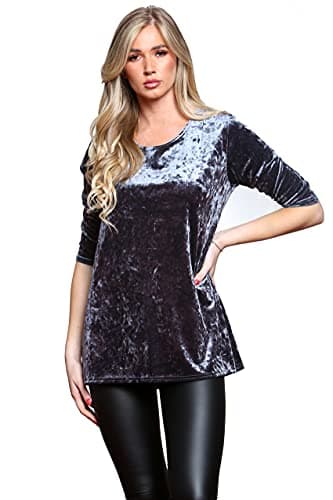 Image of H&F Women Ladies ¾ Sleeve Crush Velvet V Neck T Shirt Stretch Top Sizes 14-28 (Grey, 14)