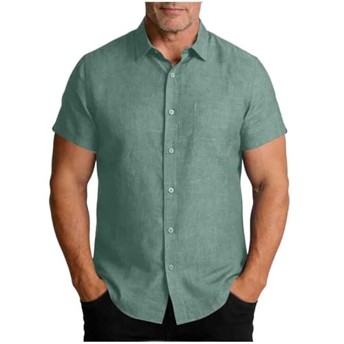 Image of Mens Dress Shirts Lapel Button Down Shirt Linen Short Sleeve Tops with Pocket Solid Color Classic Regular Fit Blouses Men's Business Casual Office Shirts Summer Holiday Shirt