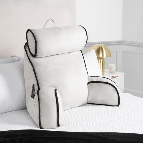 Image of OHS Cuddle Cushion with Head Rest, Detachable Neck Roll Piped Edge Reading Pillow for Bed Adult High Back Support Cushion with Arms & Pocket Gaming Cushions for Boys Girls Sit Up in Bed Pillow, Cream