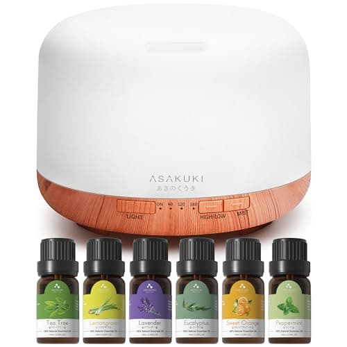 Image of ASAKUKI 500ml Essential Oil Diffuser with 6*10ml Oils Set, Oil Diffusers Cool Mist with Remote Control, 14 LED Colours, Auto Shut Off & Timer for Home Bedroom Office, Aroma Diffuser Gifts Set for Mom