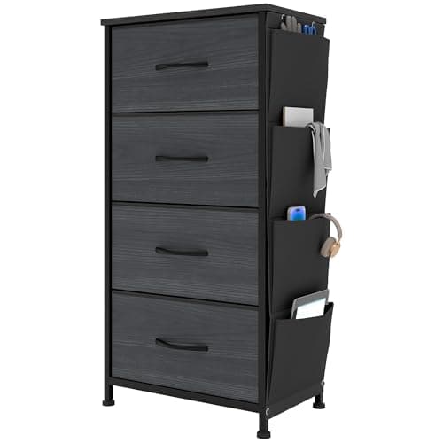 Image of YITAHOME Chest of Drawers with 4 Drawers, Fabric Drawers Cabinet with Side Pocket&Hooks,Sturdy Steel Frame,Storage Drawers for Bedroom, Closet, Charcoal Black Wood Grain