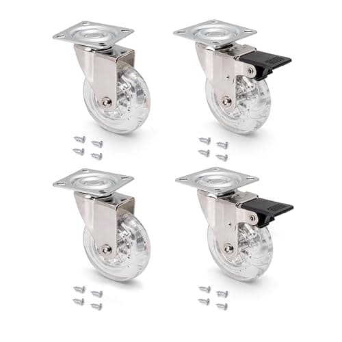 Image of Emuca - Pack of 4 transparent swivel castors for furniture (2 with brake and 2 without brake) 75mm (2,9 inch) diameter with fixing plate and ball bearings