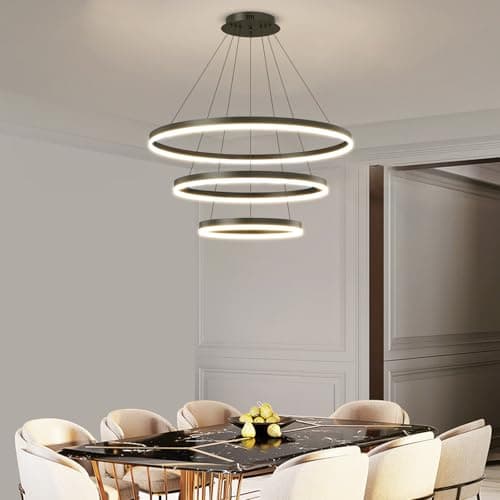 Image of LED Modern Pendant Light Fixture, 3 Ring Circular Black Chandelier Dimmable 3000K-6500K, Adjustable Height, Hanging Ceiling Light for Dining Room, Kitchen Island, Living Room, Bedroom, Entryway