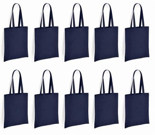 Image of Hyper Mart Pack of 10 reusable grocery cottons bags, 5.5 oz cotton canvas tote, eco friendly super strong washable great choice for promotion branding and gift. Size 38 x 42 x10cm (Navy)