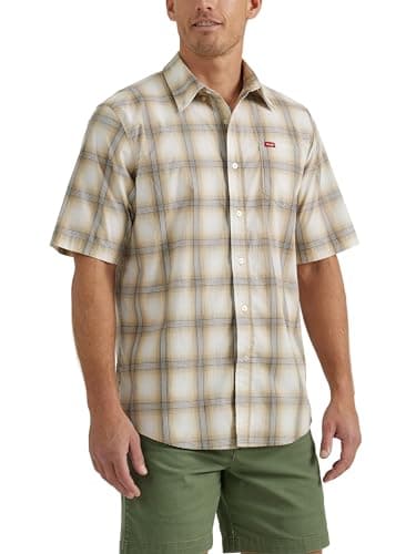 Image of Wrangler Authentics Men's Short Sleeve Classic Plaid Shirt, Pale Khaki Plaid, Large