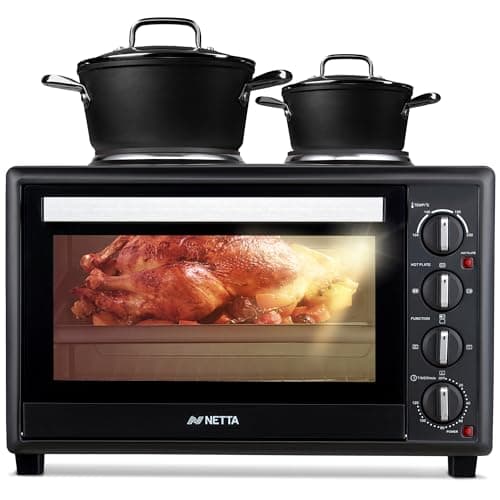 Image of NETTA 45L Mini Oven with Double Hotplate & Electric Grill - Extra Large Portable Table Top Cooker with 120 Minute Timer & 230°C Control - 2850W Countertop Oven with Baking Tray & Rack - Black