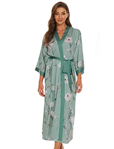 Image of LOCIIXAT Women Summer Print Dressing Gown Silk Wrap Robe Long Satin Kimono, Green with Floral