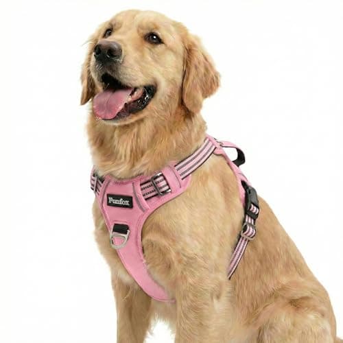 Image of Funfox Dog Harness for Large Dogs, No Pull Pet Vest Adjustable with Vertical Handle & Front Clip, Anti Pull Padded Harness Reflective Night Walking Size for Medium Large Breed, Pink L