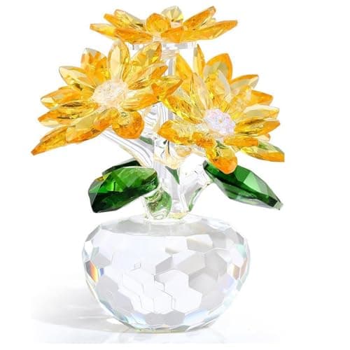 Image of XUZIE Crystal Yellow Daisy Bouquet Figurine - Premium Glass Flower Ornament with Gift Box, Mother's Day for Women, Collectible Home Decoration Anniversary Birthday Presents (Yellow)