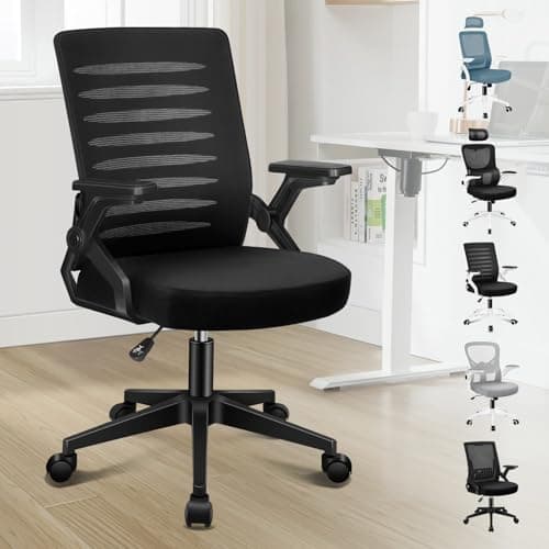 Image of ELFORDSON Ergonomic Office Chair, Mid-back Swivel Desk Chairs for Home Office, Height Adjustable Mesh Computer Chair with 90° Flip-up Armrest and Padded Seat Cushion, Black