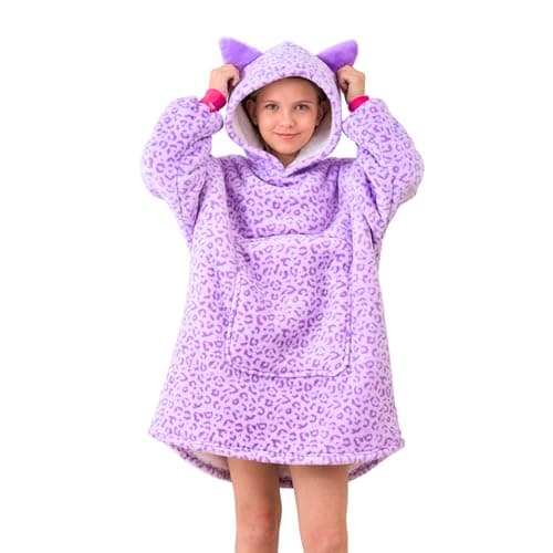 Image of Ceruwum Unicorn Hoodies for Girls, Unicorn Hooded Sweatshirt, Oversized Hoodie Blanket for Kids (Violet-Leopard, 8-9 Years)