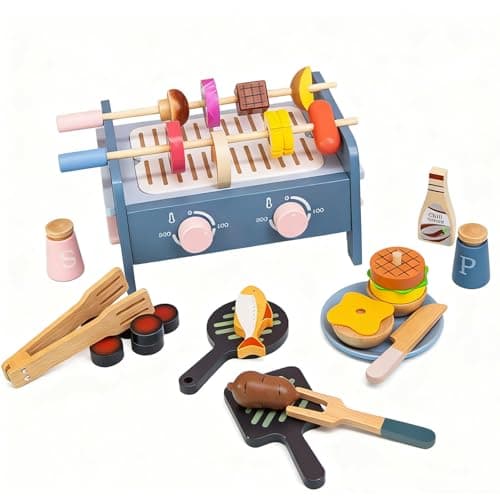 Image of Benhurb Wooden Toys BBQ Grill Barbecue set, Toddler Toys, Wood Kitchen Toys Play Food Accessories, Role Pretend Cooking Toy with Rotating Skewer, Birthday for 2 3 4 Year Old Girls Boys