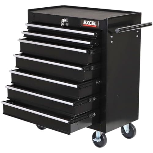Image of Excel Tool Chest with 7 Drawers, Lock and Non-Slip Mats, Made with Powder Coated Steel & Rust-resistant, Ball Bearing Slides and 4 Wheels with Brakes. Durable Rolling Storage for Workshops.