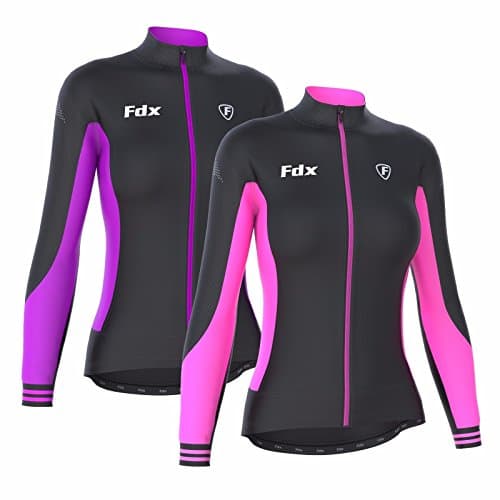 Image of FDX Women’s Thermal Cycling Jersey Long Sleeve Winter Bike Jacket Windproof Water Resistant Roubaix Fleece Cycling Top with 3 Pockets, Reflective High Visibility Riding Jersey (Black/Purple, Medium)